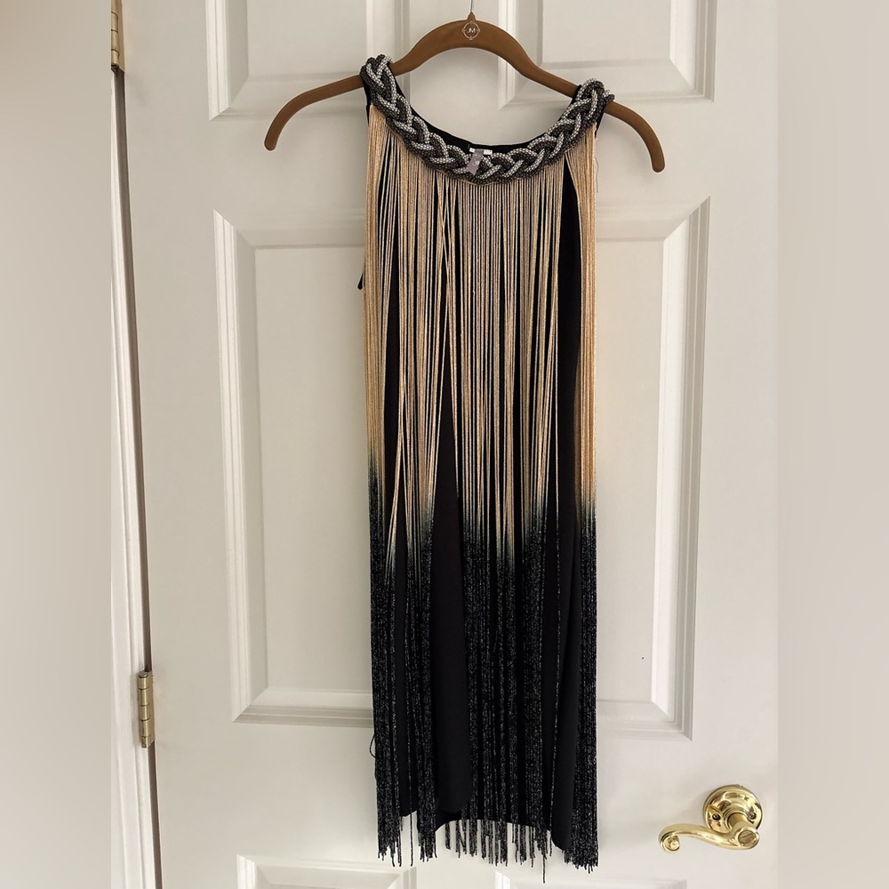 Black Maxi Fringe Dress with Gold Ombre Fringe